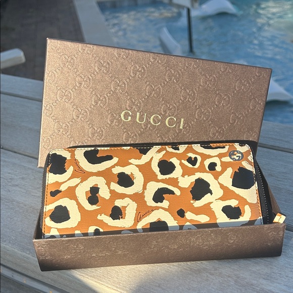 Gucci Handbags - Gucci Leather Leopard Print Zip Around Wallet